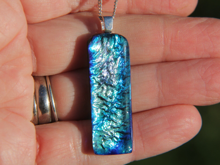 Gold and blue textured dichroic glass pendant, fused glass, dichroic neckla