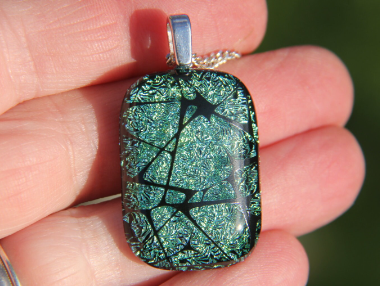 Pale green bubble dichroic glass pendant,