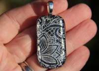 Dark blue irid and white fused glass pendant lace effect