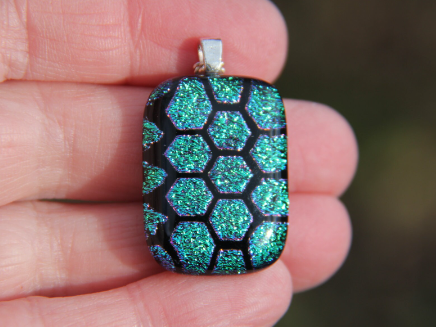 Green bee honeycomb dichroic glass pendant,