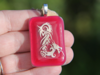 Large silver dragon fused glass pink pendant