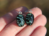 Green sweet pea dichroic glass earrings, sterling silver