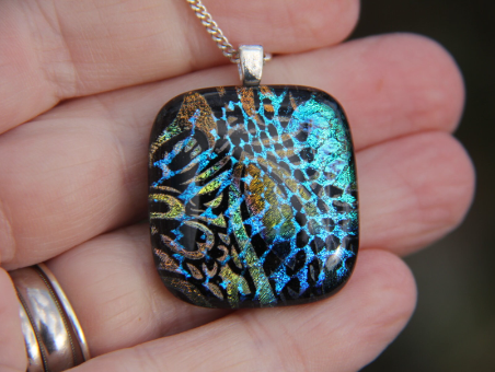 Two layer gold and blue dichroic glass pendant
