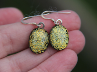 Gold fine crinkle dichroic glass earrings, sterling silver