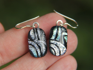 Silver and blue dichroic glass earrings, sterling silver