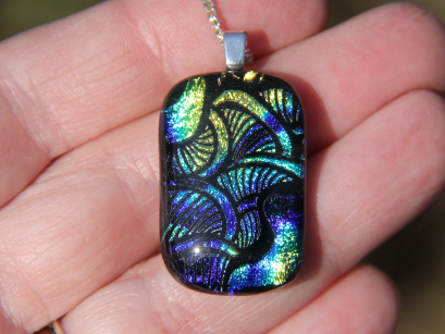 Blue, green and gold fans dichroic glass pendant