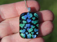 Blue and green hearts dichroic glass pendant,