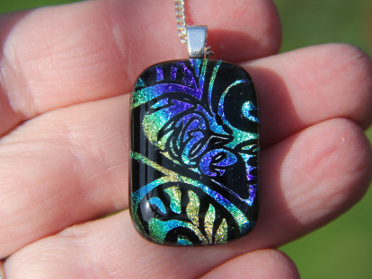 Blue, green and gold leaves dichroic glass pendant