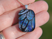 Blue silver feathers Dichroic glass pendant
