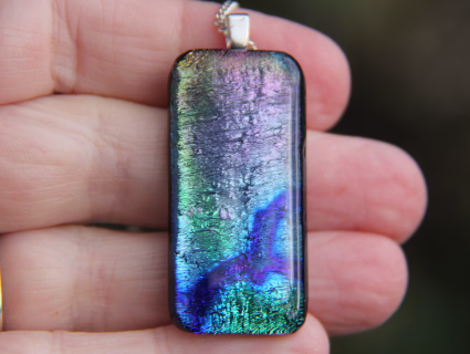 Long pink green dichroic glass pendant