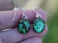 Green gold lace dichroic glass earrings, sterling silver