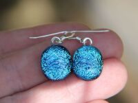 Turquoise blue dichroic glass drop earrings, sterling silver,