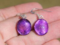 Pink purple drop dichroic glass earrings, sterling silver