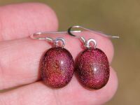 Red dichroic glass earrings, sterling silver