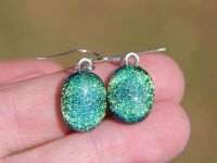 Green dichroic glass drop earrings, sterling silver