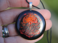 Art Nouveau swirl red dichroic pendant, enamel and dichroic glass necklace