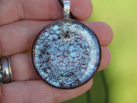 Dichroic  Blue Flower circular pendant, enamel and dichroic,