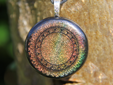 Art Deco circle orange dichroic pendant, enamel dichroic