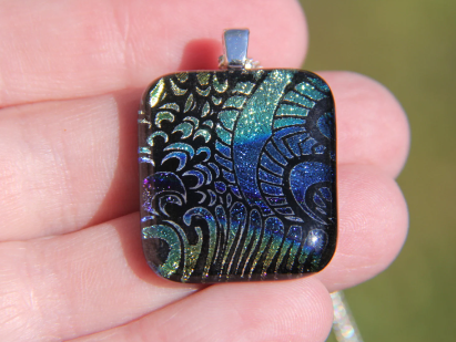 Gold and blue fantasy dichroic glass pendant