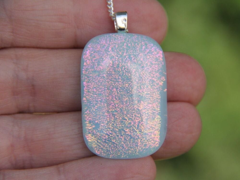 Pink to orange dichroic  glass pendant,