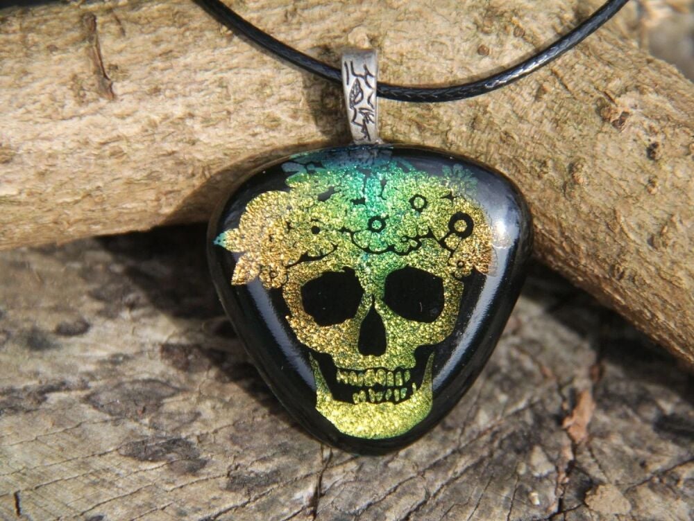 Skull with flowers gold dichroic pendant , enamel and dichroic glass neckla