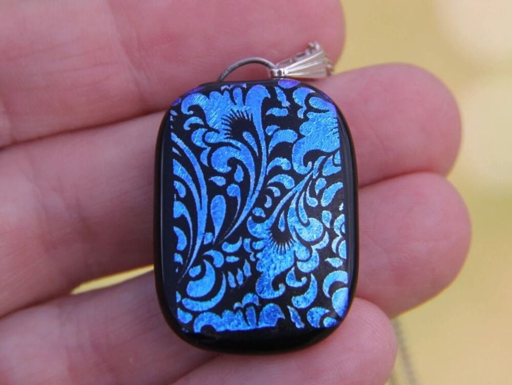 Reversible Blue flower silver heart dichroic glass pendant