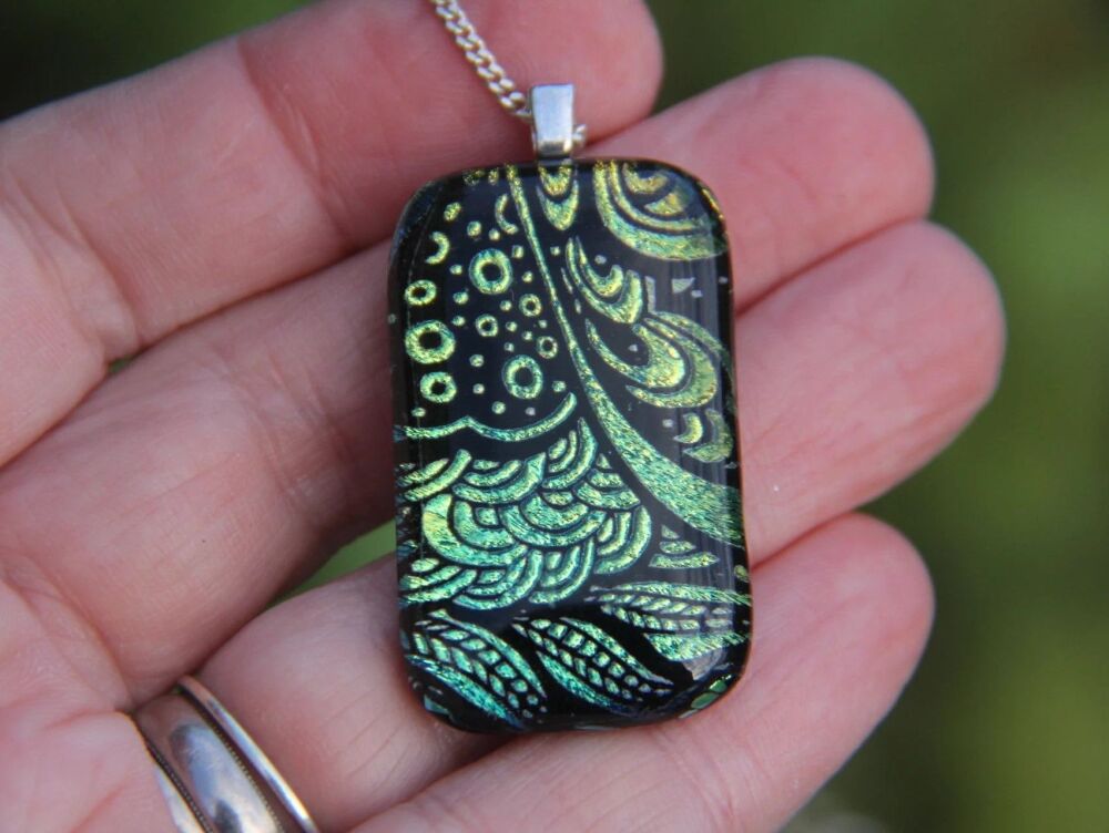 Large green gold feather dichroic glass pendant