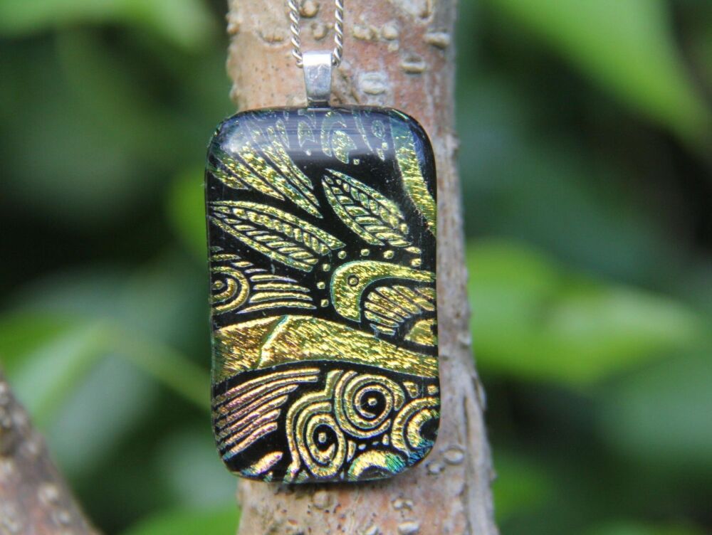 Large Gold feather dichroic glass pendant