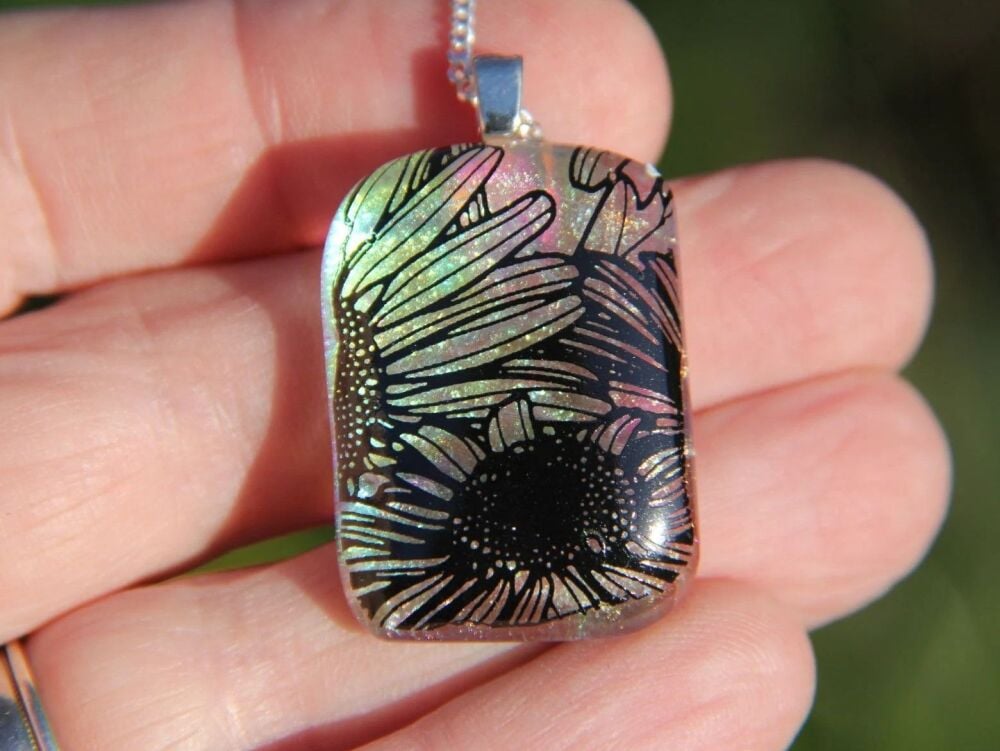 Rainbow flower dichroic glass pendant, flower dichroic necklace