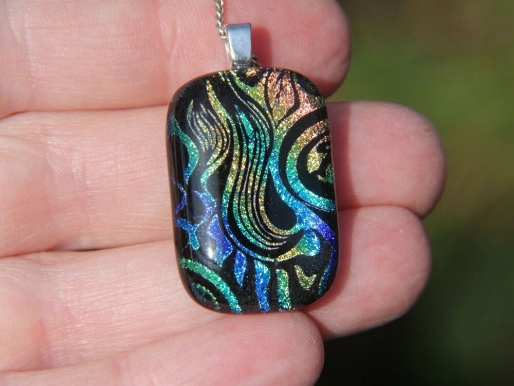 Gold, blue and green swirl dichroic glass pendant