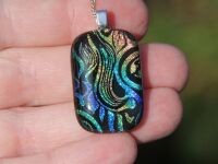 Gold, blue and green swirl dichroic glass pendant