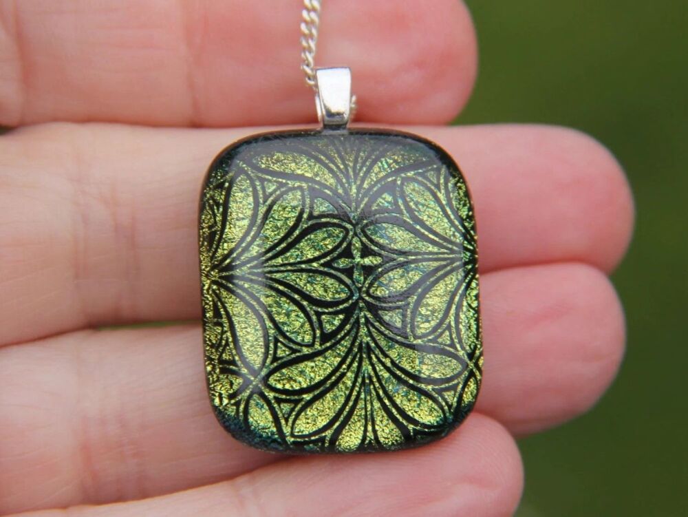 Gold botanical dichroic glass pendant