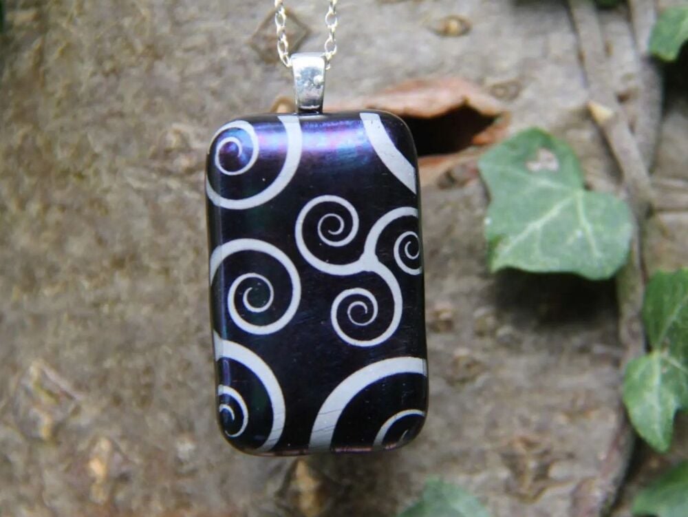 Blue irid and white swirl fused glass pendant