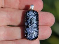 Long silver heart dichroic glass pendant