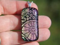 Large gold and pink circles dichroic glass pendant