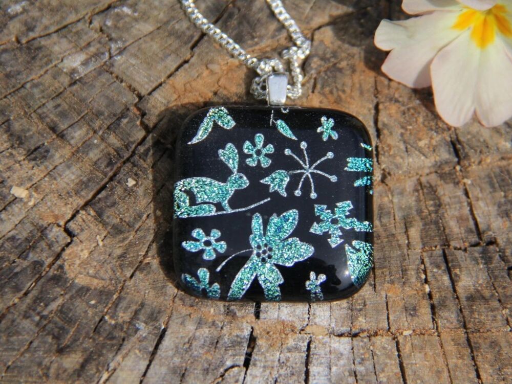 Green rabbit dichroic glass pendant