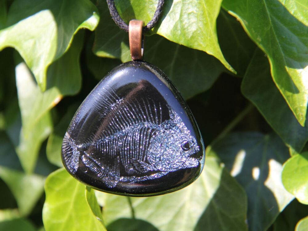 Fish bones silver dichroic glass pendant