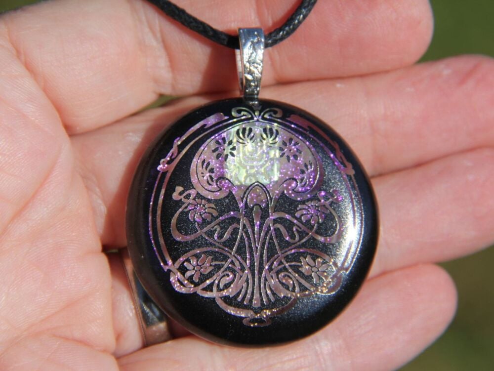 Art Nouveau purple orange swirl dichroic glass pendant