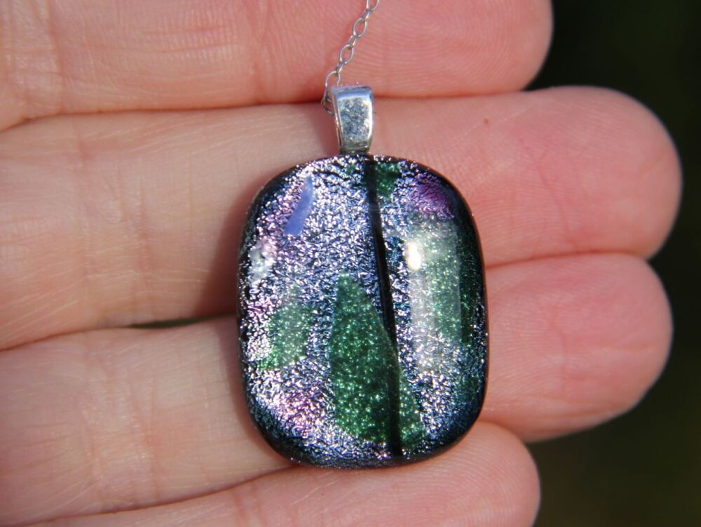 Silver Dichroic Glass Pendant Necklace with Pink and Green Confetti