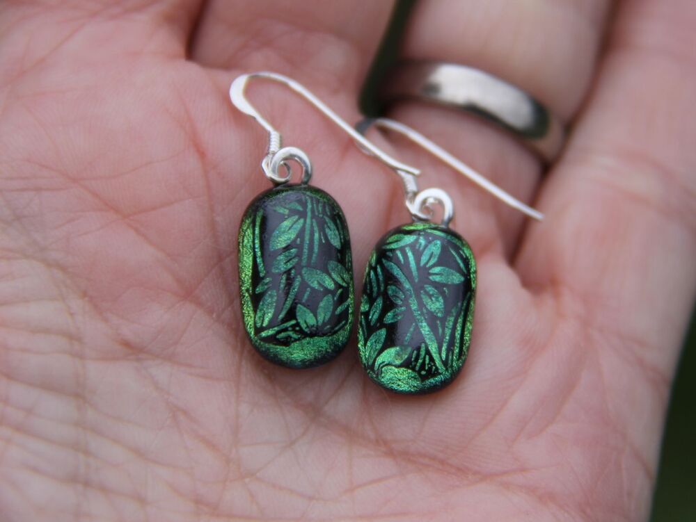 Reserved for Richard : Green leaf decal drop earrings