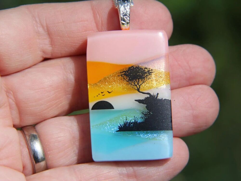 Reserved for Bob Dichroic Glass Landscape Pendant: Coastal Sunset Seascape 