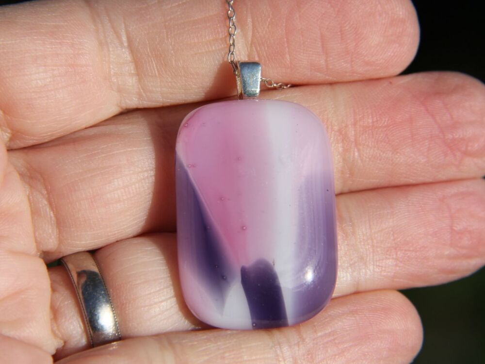 Pink, Purple  and White Fused Glass Pendant Necklace