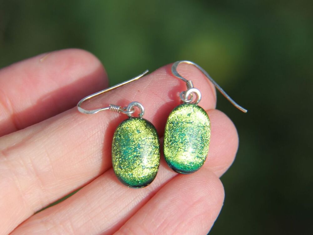 Gold dichroic glass dangly earrings