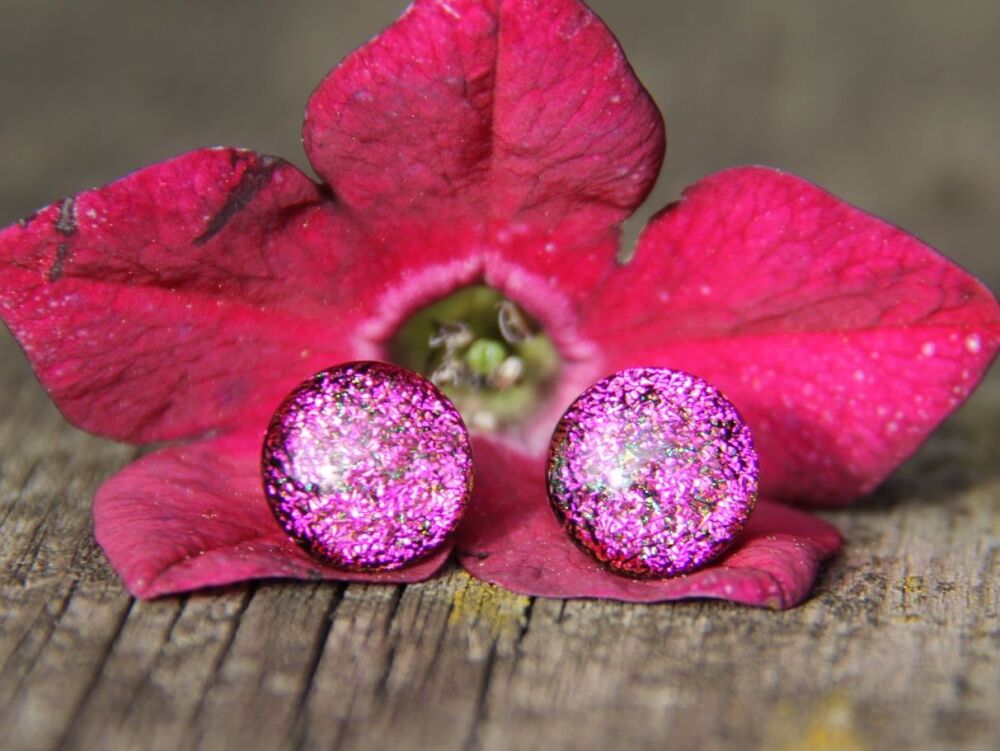 Bright pink dichroic glass stud earrings