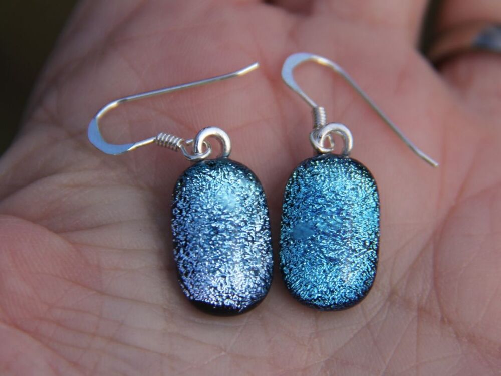 Silver Blue Dichroic Glass Drop Earrings