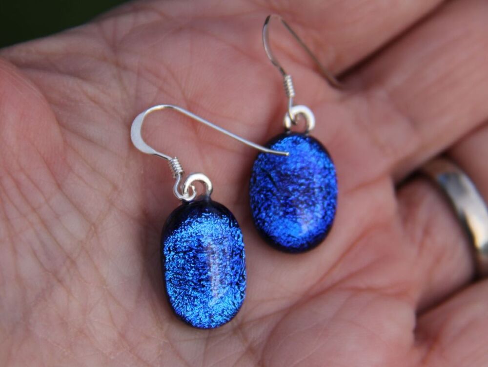 Royal blue dichroic glass dangly earrings