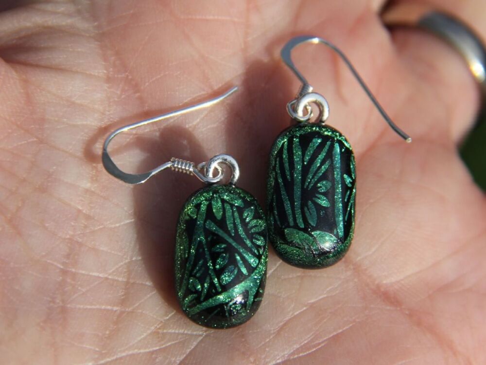 Green leaf decal dichroic glass drop earrings
