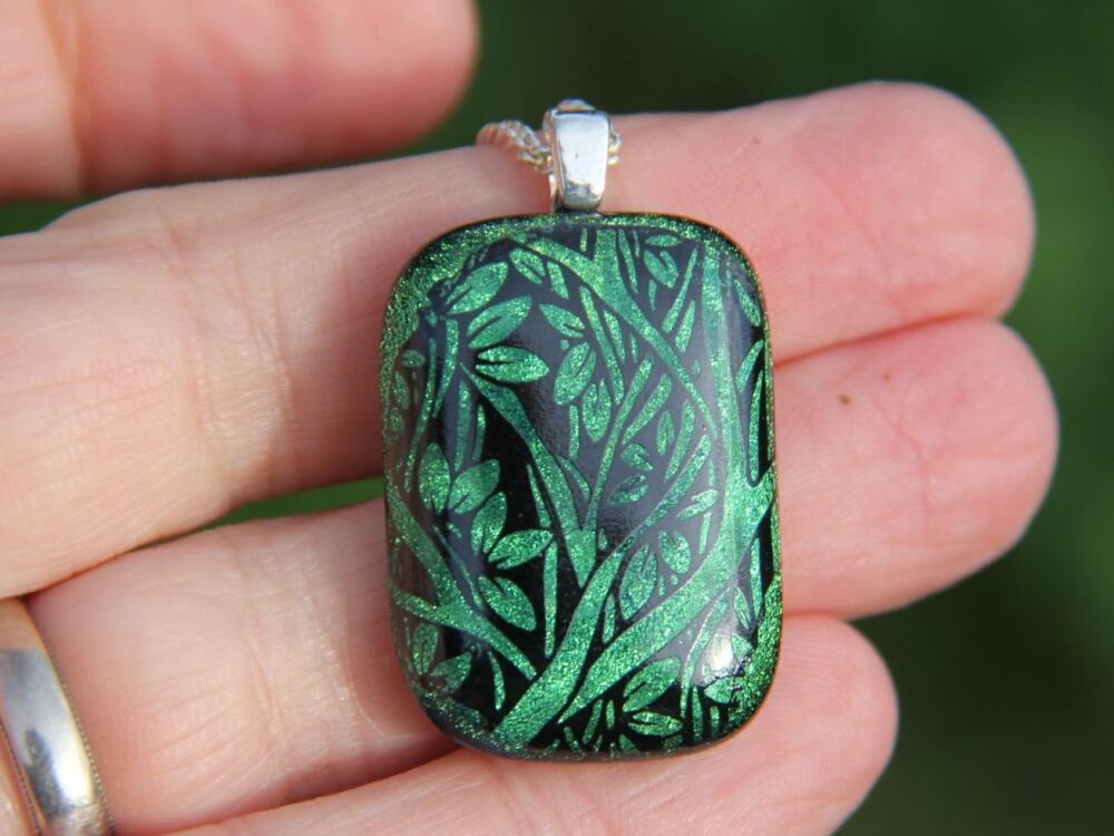 Green dichroic glass leaves pendant