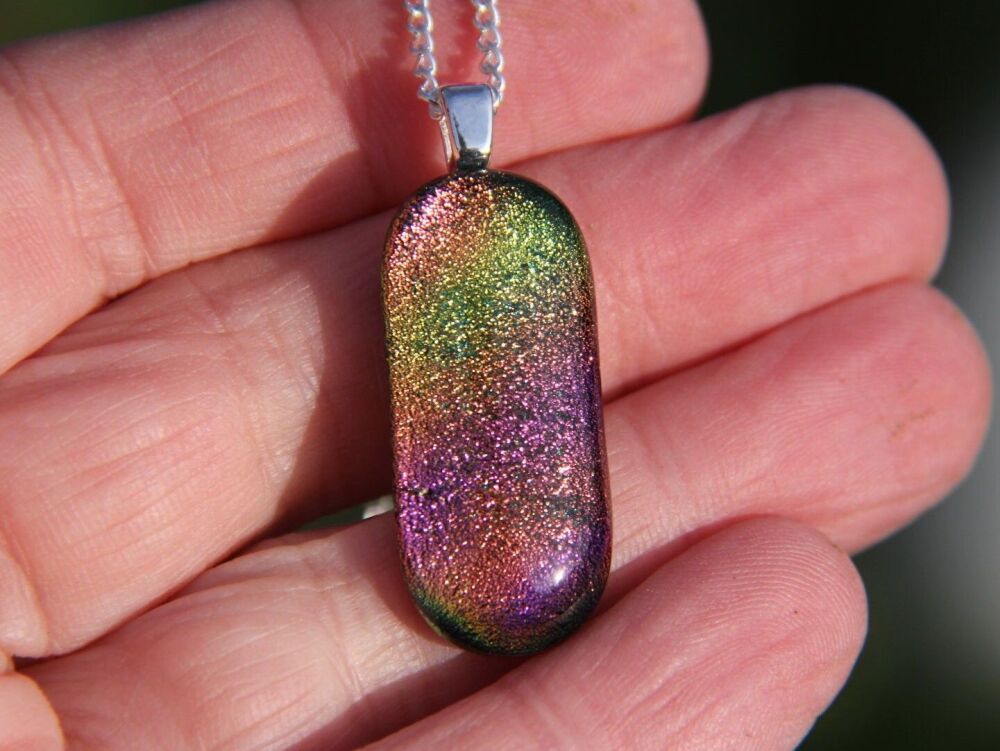 Long Pink Orange Gold Fused Dichroic Glass Necklace