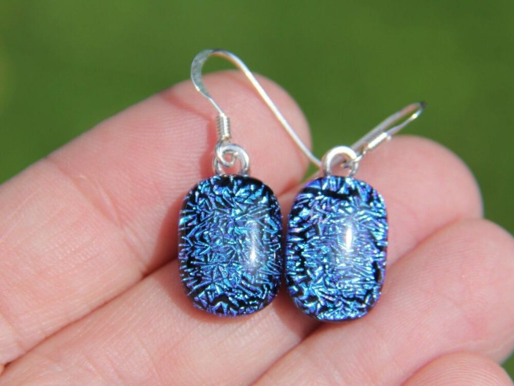 Blue Purple Crinkle Dichroic Glass Drop Earrings